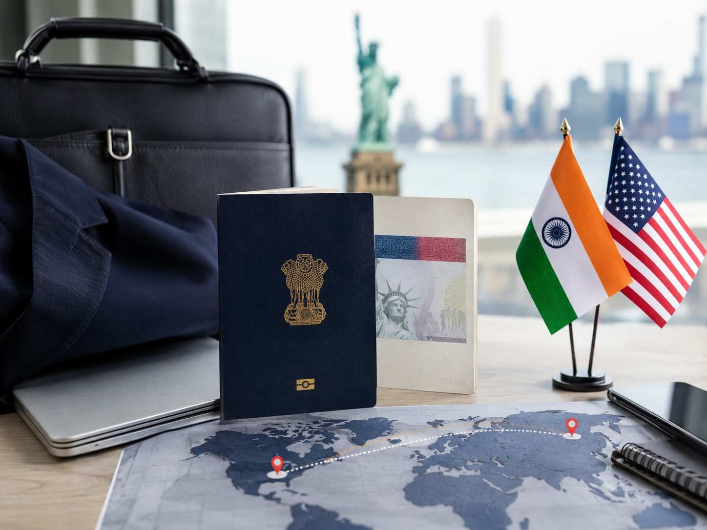 Work visa for USA from India with Indian passport, U.S. visa, India and USA flags, business travel essentials and New York skyline.